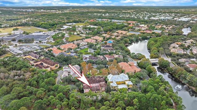 drone / aerial view featuring a water view