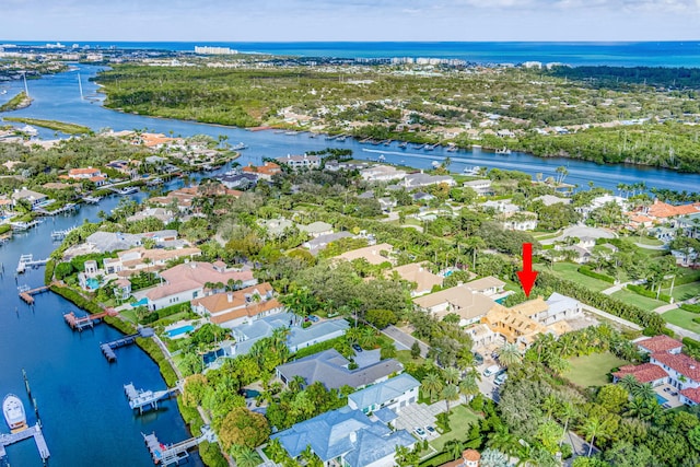 aerial view featuring a water view