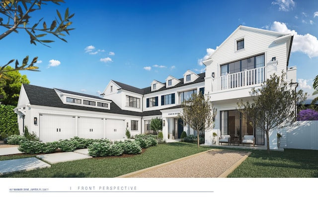 view of front of home with a balcony, a front lawn, and a garage