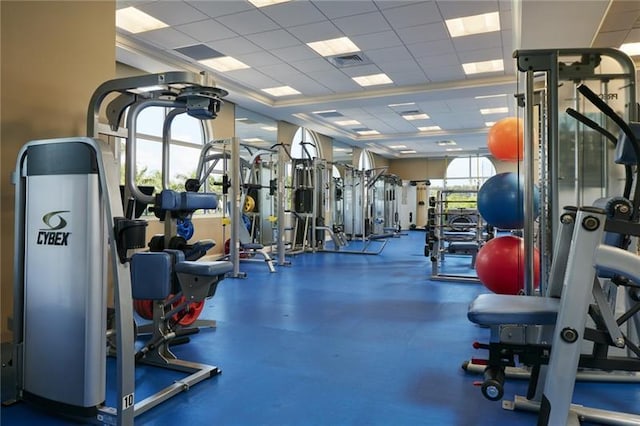 workout area with a drop ceiling