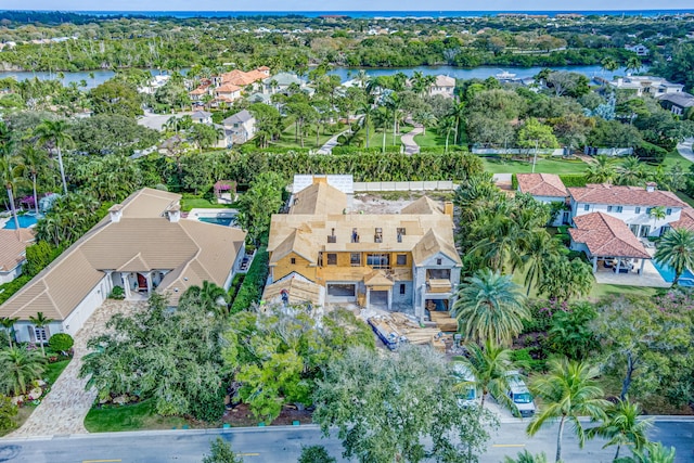 bird's eye view with a water view