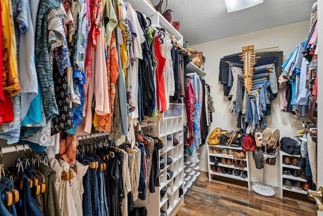 spacious closet with dark hardwood / wood-style flooring