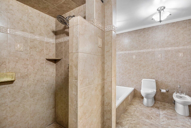 bathroom with toilet, separate shower and tub, a bidet, tile walls, and crown molding