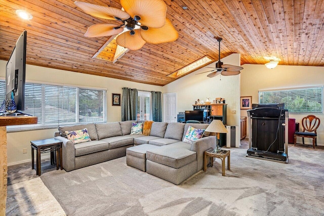 carpeted living room featuring wood ceiling, lofted ceiling, and ceiling fan