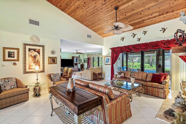 living room featuring high vaulted ceiling, light tile patterned floors, and wood ceiling