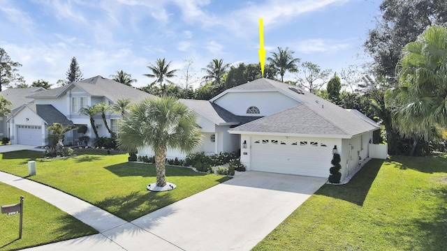 view of front facade with a front yard and a garage