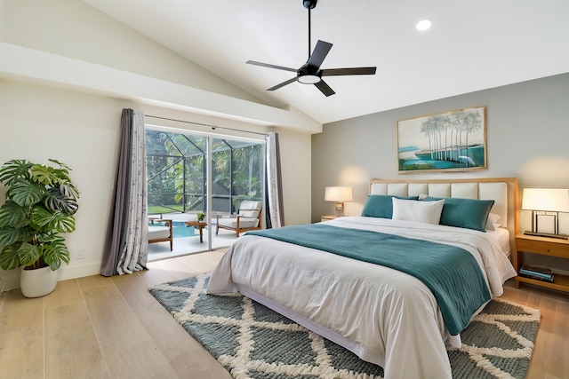 bedroom featuring ceiling fan, lofted ceiling, light hardwood / wood-style flooring, and access to outside