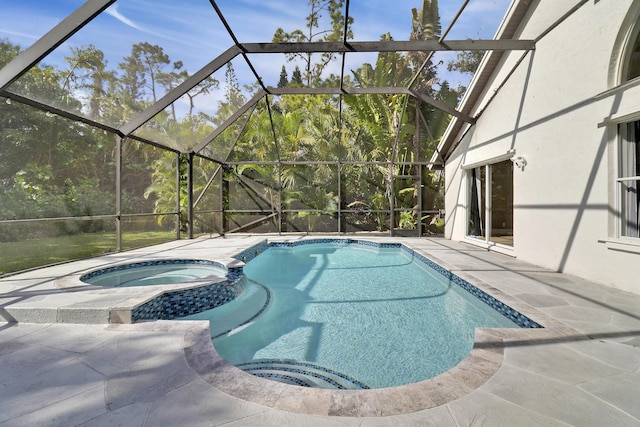 view of swimming pool with glass enclosure, a patio area, and an in ground hot tub