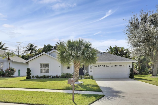 single story home featuring a garage and a front yard