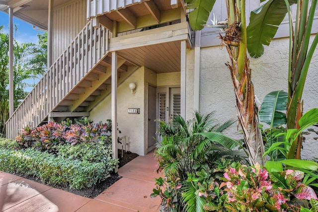 view of exterior entry with stucco siding