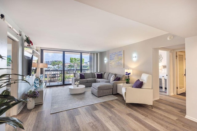 living room with wood-type flooring and a wall of windows