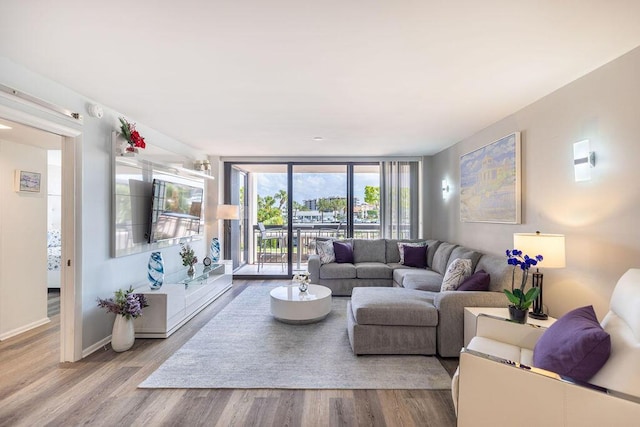 living room featuring floor to ceiling windows and hardwood / wood-style flooring