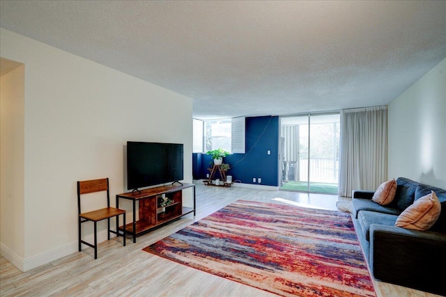 living room with a textured ceiling and light hardwood / wood-style flooring