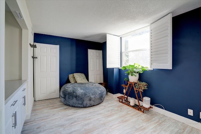 living area with light hardwood / wood-style floors and a textured ceiling