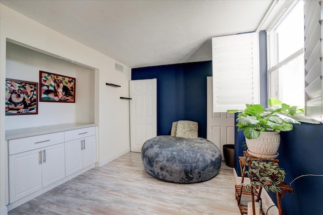 sitting room featuring light hardwood / wood-style floors and a textured ceiling