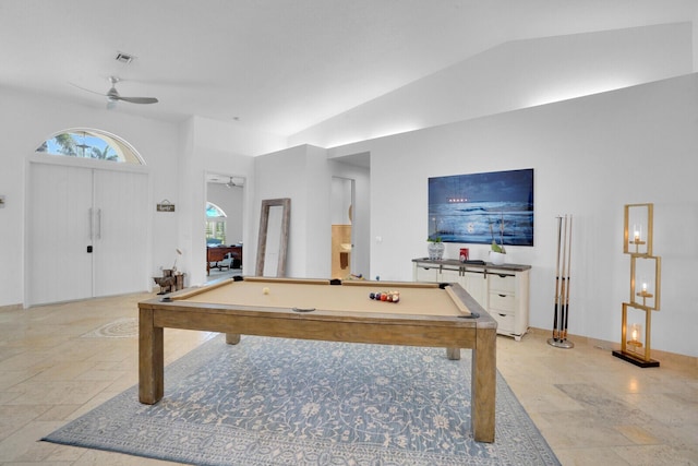 recreation room with vaulted ceiling, ceiling fan, and pool table