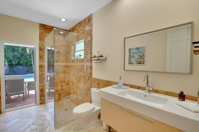 bathroom with vanity, toilet, a wealth of natural light, and a shower with shower door