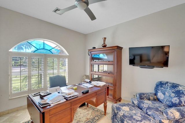 office area with ceiling fan