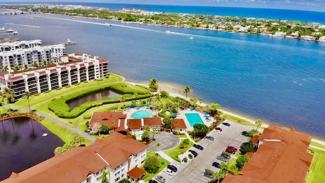 drone / aerial view with a water view