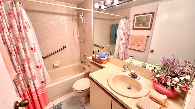 full bathroom featuring tile patterned flooring, shower / bath combination with curtain, toilet, and vanity