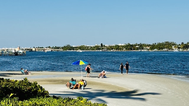 view of water feature featuring a beach view