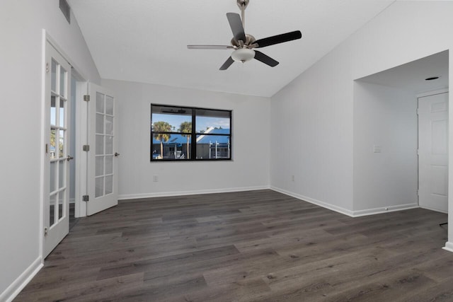 unfurnished room featuring ceiling fan, french doors, lofted ceiling, and dark hardwood / wood-style floors