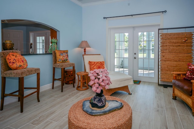 sitting room with french doors, ornamental molding, and sink