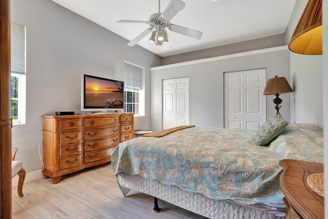 bedroom featuring ceiling fan and light hardwood / wood-style flooring