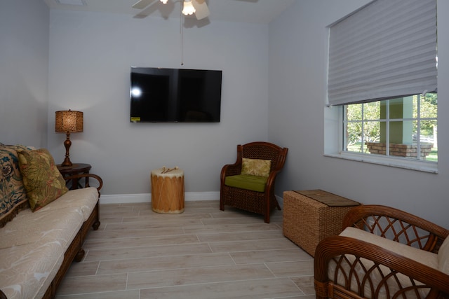 interior space featuring ceiling fan