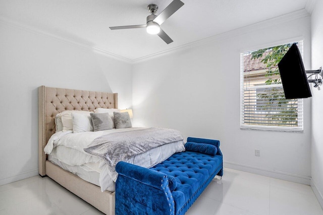 bedroom featuring ceiling fan and crown molding