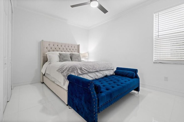 bedroom featuring baseboards, ceiling fan, light tile patterned floors, and crown molding