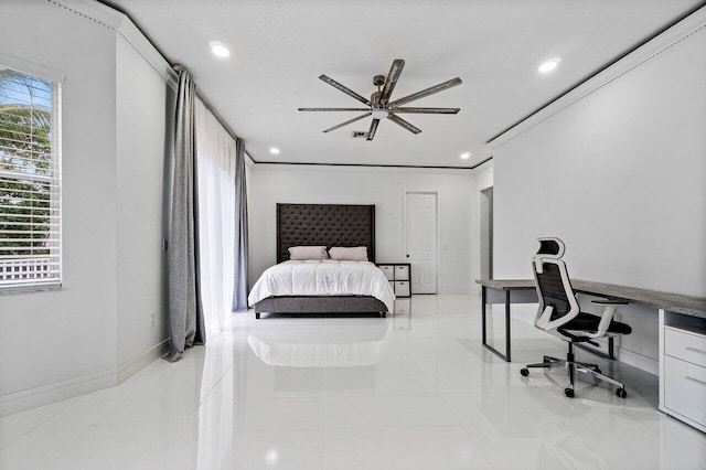 bedroom featuring crown molding, ceiling fan, recessed lighting, and baseboards