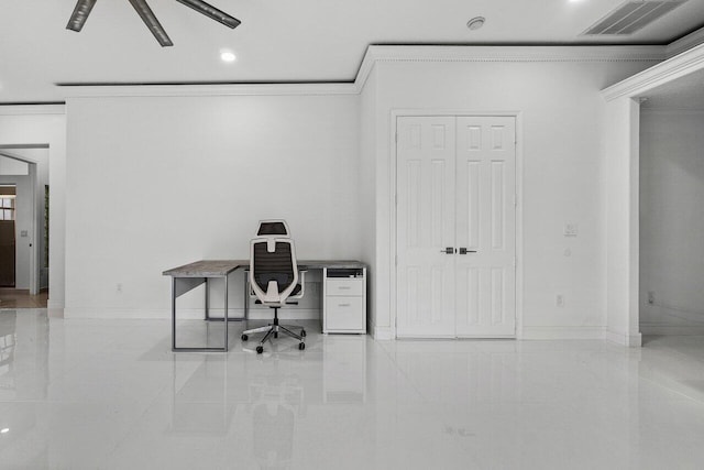 office featuring ornamental molding, marble finish floor, visible vents, and baseboards