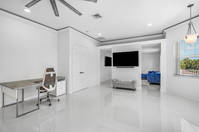 office area featuring recessed lighting, visible vents, ornamental molding, a textured ceiling, and baseboards