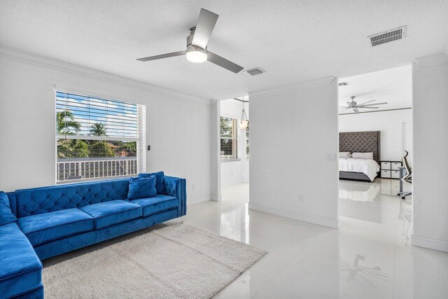 bedroom featuring ceiling fan and light tile patterned flooring