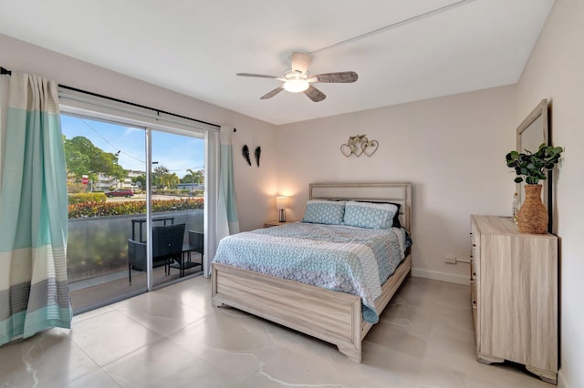 bedroom with ceiling fan and access to exterior