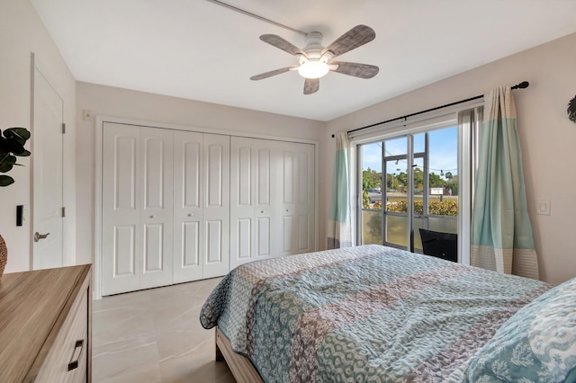 bedroom featuring ceiling fan, a closet, and access to outside