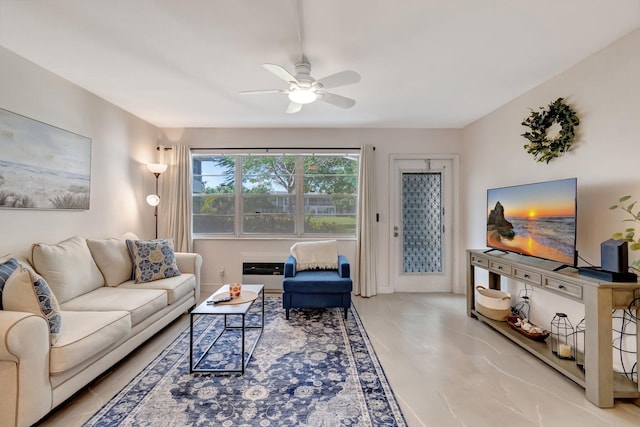 living room featuring ceiling fan