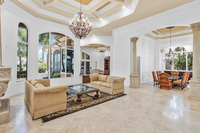 living room with a high ceiling, ornamental molding, coffered ceiling, and ornate columns