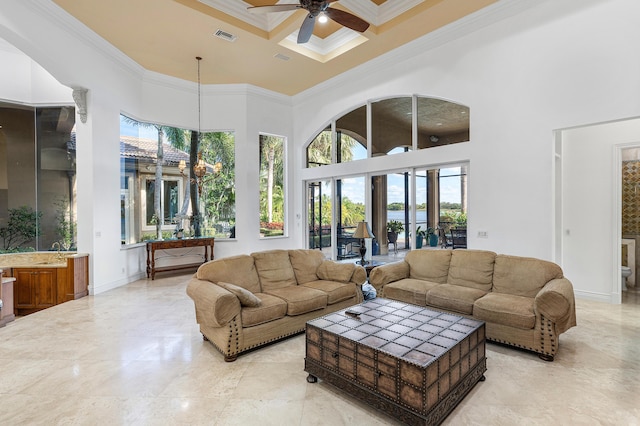 living room featuring coffered ceiling, a high ceiling, ceiling fan with notable chandelier, ornamental molding, and beamed ceiling