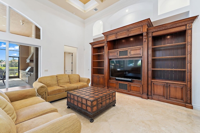 135 Playa Rienta Way, Palm Beach Gardens, FL 33418 - living room with ornamental molding, a high ceiling, recessed lighting, and light tile patterned floors