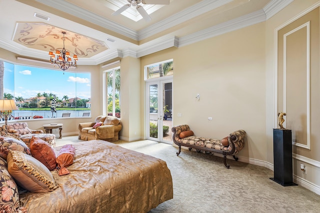 bedroom with light carpet, a raised ceiling, crown molding, ceiling fan with notable chandelier, and access to exterior