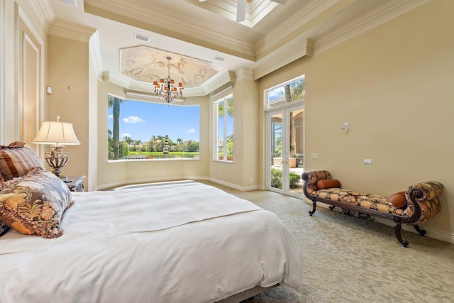 135 Playa Rienta Way, Palm Beach Gardens, FL 33418 - bedroom featuring access to exterior, carpet floors, a chandelier, french doors, and crown molding
