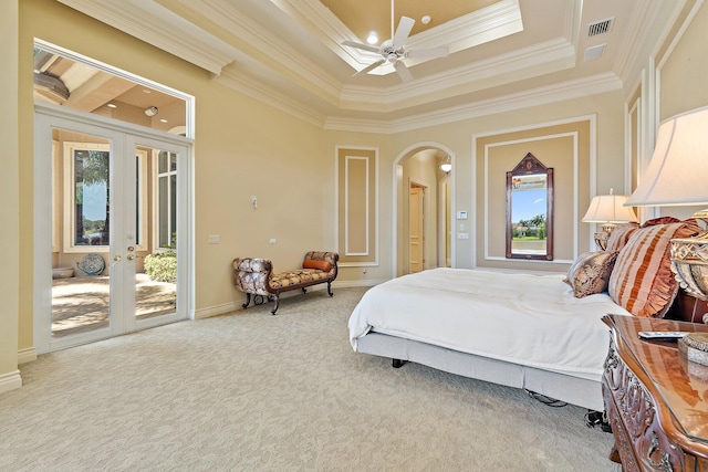 135 Playa Rienta Way, Palm Beach Gardens, FL 33418 - bedroom with access to exterior, arched walkways, crown molding, french doors, and carpet