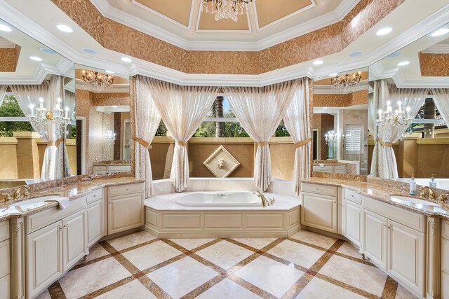 bathroom with tile patterned floors, walk in shower, and vanity