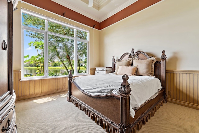 135 Playa Rienta Way, Palm Beach Gardens, FL 33418 - carpeted bedroom with a wainscoted wall, crown molding, wood walls, and a water view