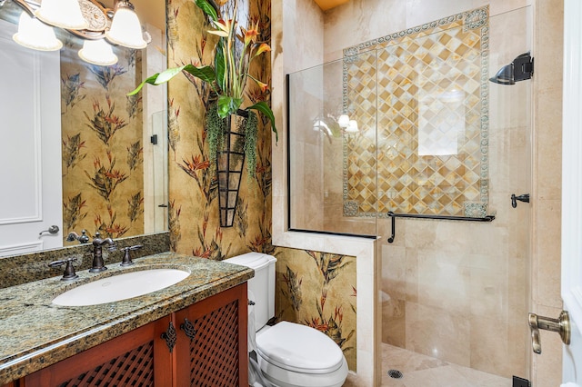 bathroom featuring toilet, an enclosed shower, and vanity