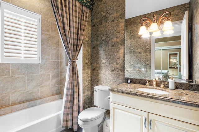 full bathroom with shower / bathtub combination with curtain, vanity, and toilet