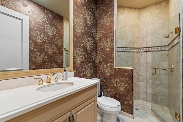 135 Playa Rienta Way, Palm Beach Gardens, FL 33418 - full bath with a stall shower, toilet, vanity, wallpapered walls, and tile patterned floors