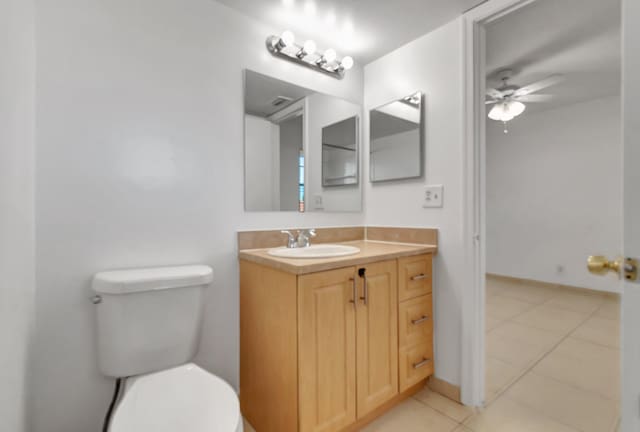 bathroom featuring tile patterned flooring, ceiling fan, toilet, and vanity